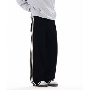 巴黎风美式高街潮牌宽松直筒拼接三条杠牛仔裤男款阔腿裤潮流长裤