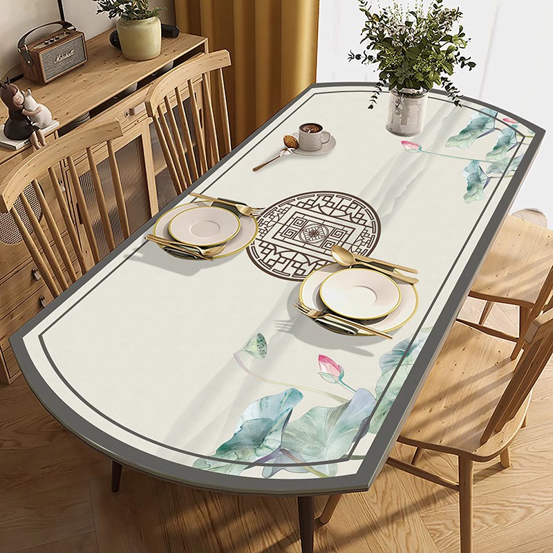 中式椭圆形餐桌垫折叠伸缩弧形台桌布防水防油免洗防烫茶几垫皮革