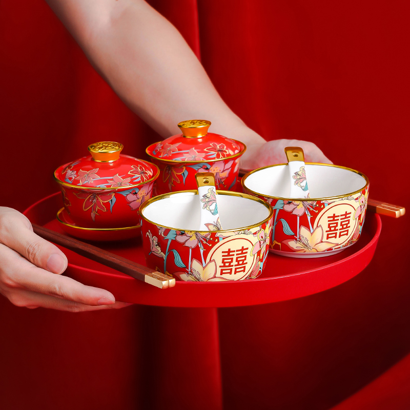 喜字敬茶杯碗筷装结婚陪嫁新人改口杯红色一对陶瓷盖碗婚庆用品