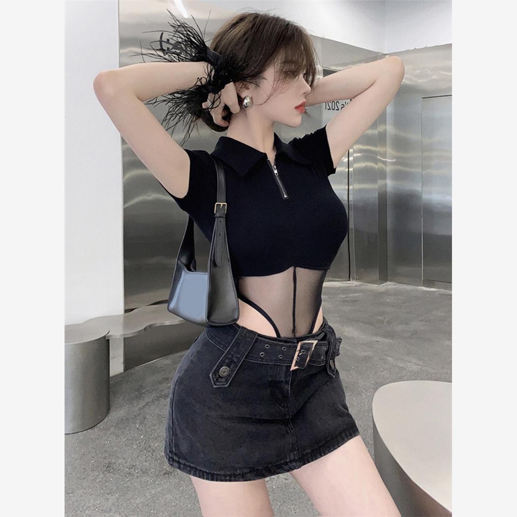 黑色网纱拼接连体短款上衣女春夏季设计感纯欲风修身显瘦短袖T恤
