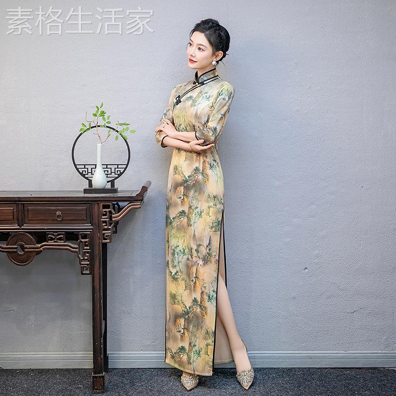 2025新款风改良七旗袍连衣裙新国款端庄走秀汉服年分袖长款修身演