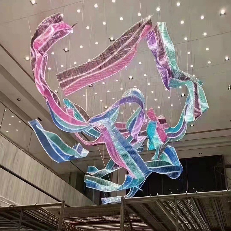 定制酒店大堂宴会厅吊灯售楼部沙盘洽谈区水晶飘带波浪形吊灯工程
