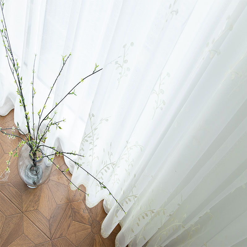 定制高档白色绣花纱帘田园风格卧室阳台客厅百搭半窗纱成品