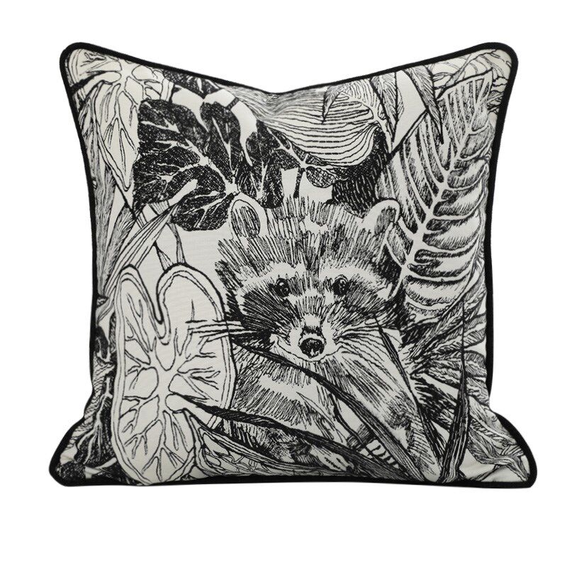 光与盐 中古风黑白素描浣熊抱枕客厅靠枕靠垫沙发样板间靠包