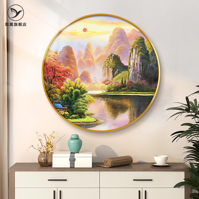桂林山水画圆形玄关装饰画轻奢高级感餐厅背景墙挂画风景油画壁画图片