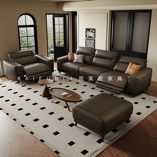 极简客厅小户型直排三四人位沙发 黑色电动伸缩功能真皮沙发意式