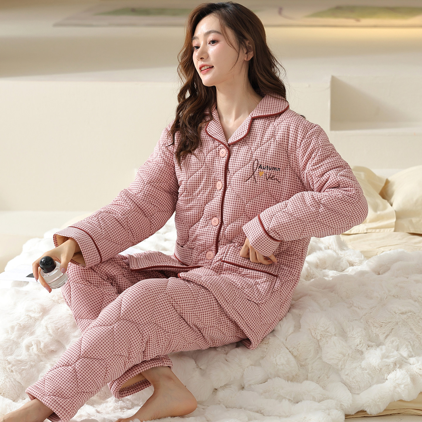 100%纯棉睡衣女冬天三层加厚夹棉袄保暖冬季中老年妈妈棉衣家居服