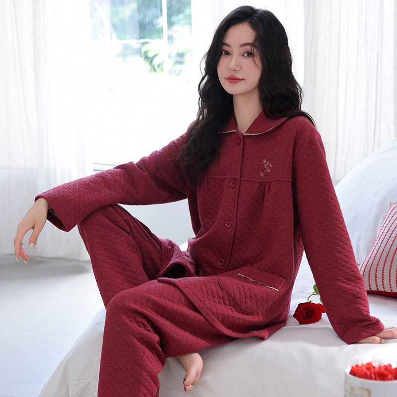 女士睡衣纯棉夹层棉秋冬季套装妈妈薄款夹棉保暖加厚空气棉家居服
