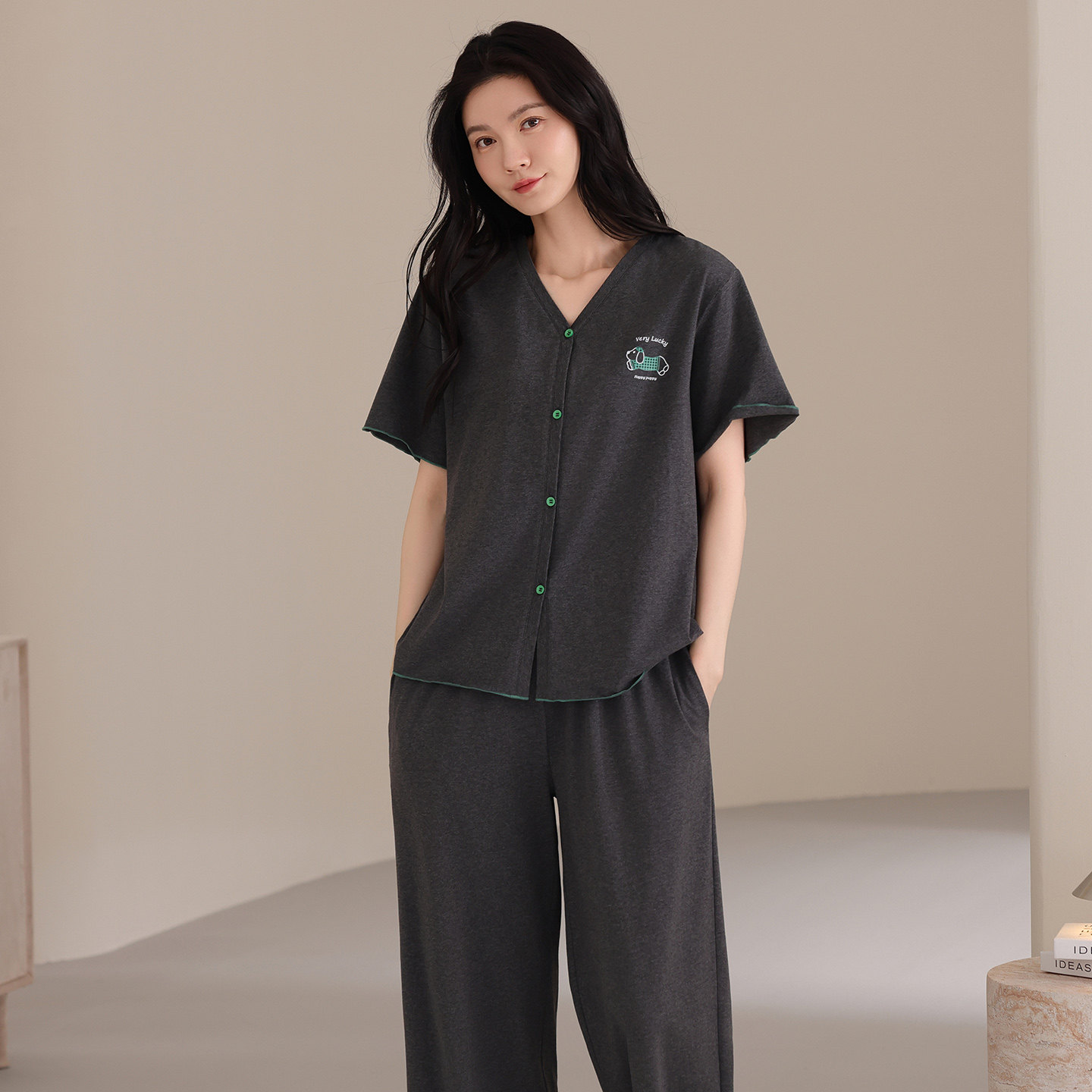 夏季凉感纯棉女睡衣套装可外穿