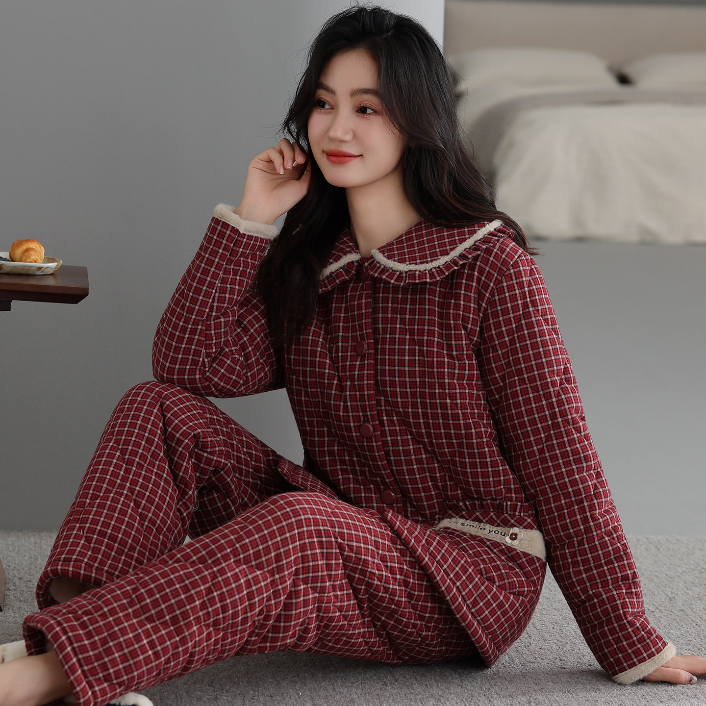 【防静电】睡衣女士冬款加绒加厚梭织纯棉三层夹棉中年棉袄家居服
