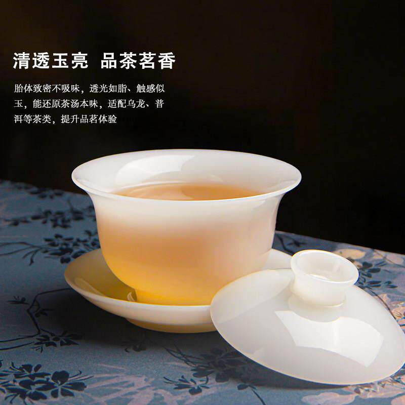 景德镇件白瓷茶素烧冰种羊脂玉三才盖碗高档套茶具三GW890-32家用
