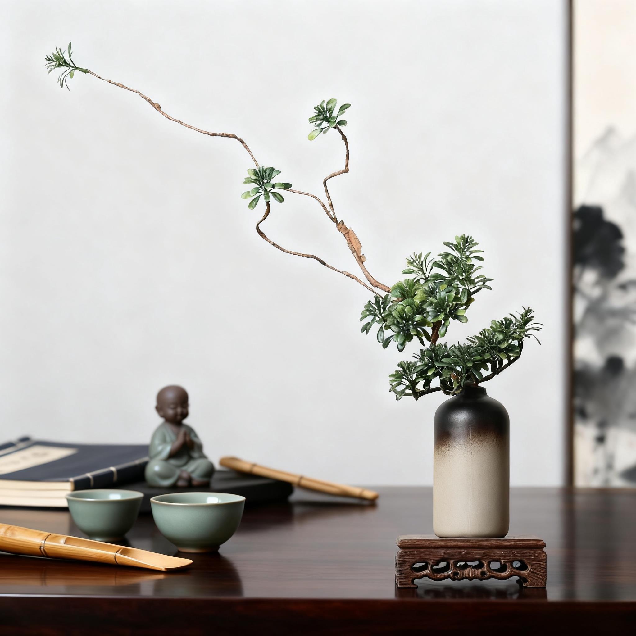 新中式仿真迎客松罗汉松摆花绿植景花盆瓶QZB套装禅意插花装假饰