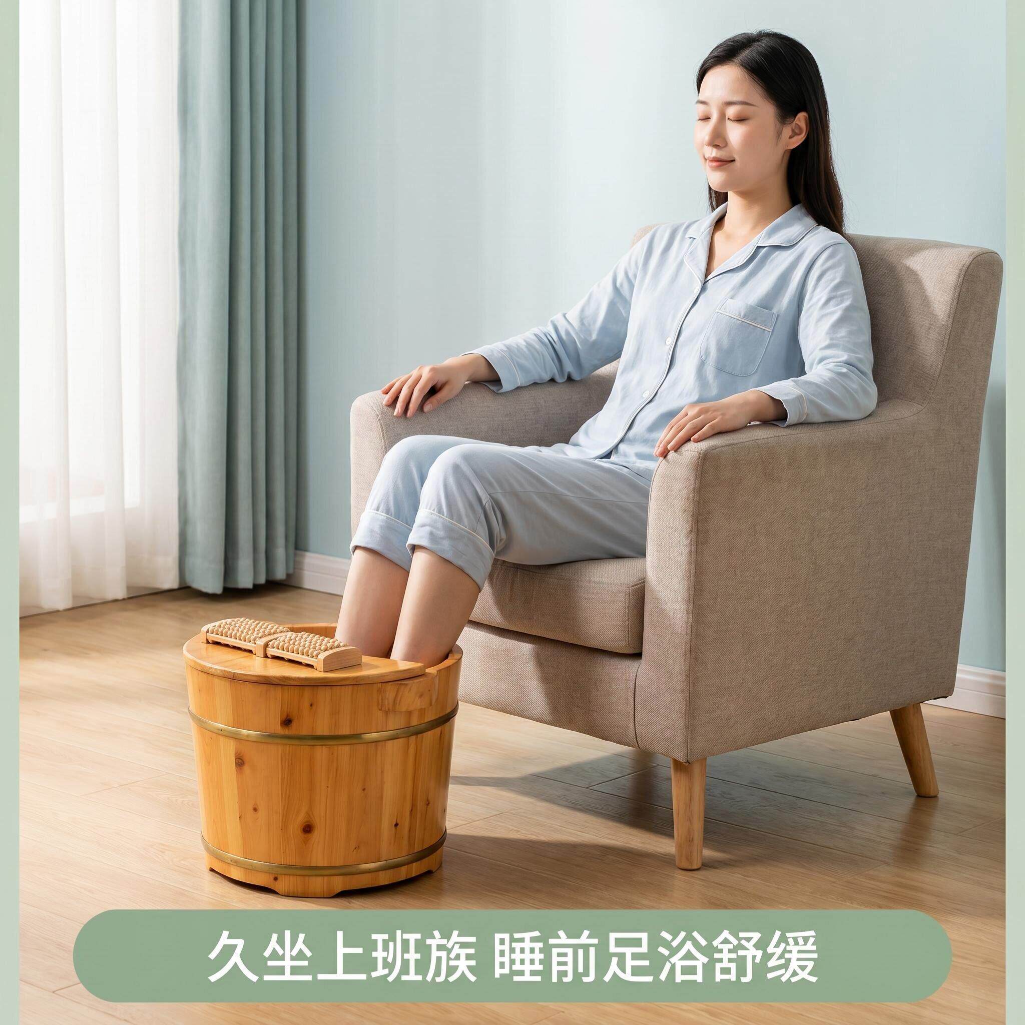 板柏木泡脚木桶天然实木带盖家原木色双足浴木盆家香用加深保温洗
