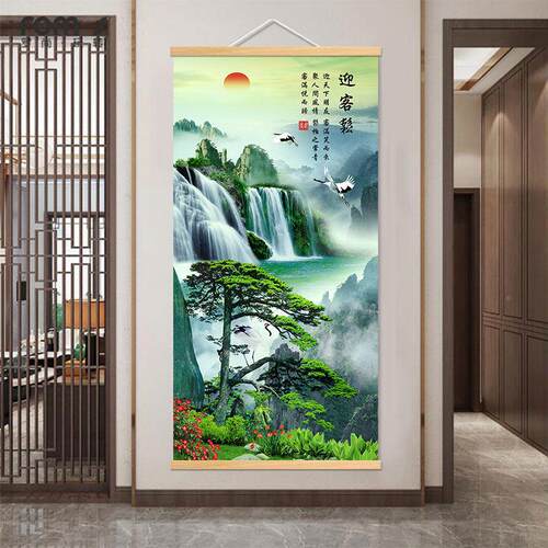 新中式山水风景装饰画厅 画流水生办财迎客松招财风水BJM客玄关画
