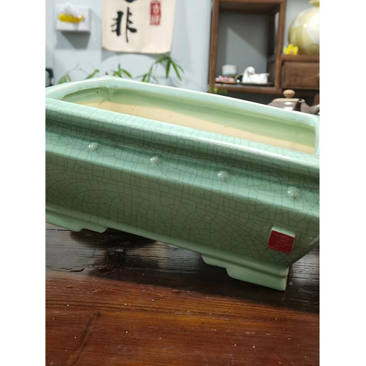 汝冰裂长方形陶瓷盆景窑盆景覆古宋透瓷气大号马槽花盆罗汉LWO松