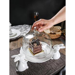 欧式陶瓷托盘兔子甜品盘玻璃盖罩下午茶点心盘子冷餐茶歇水果盘