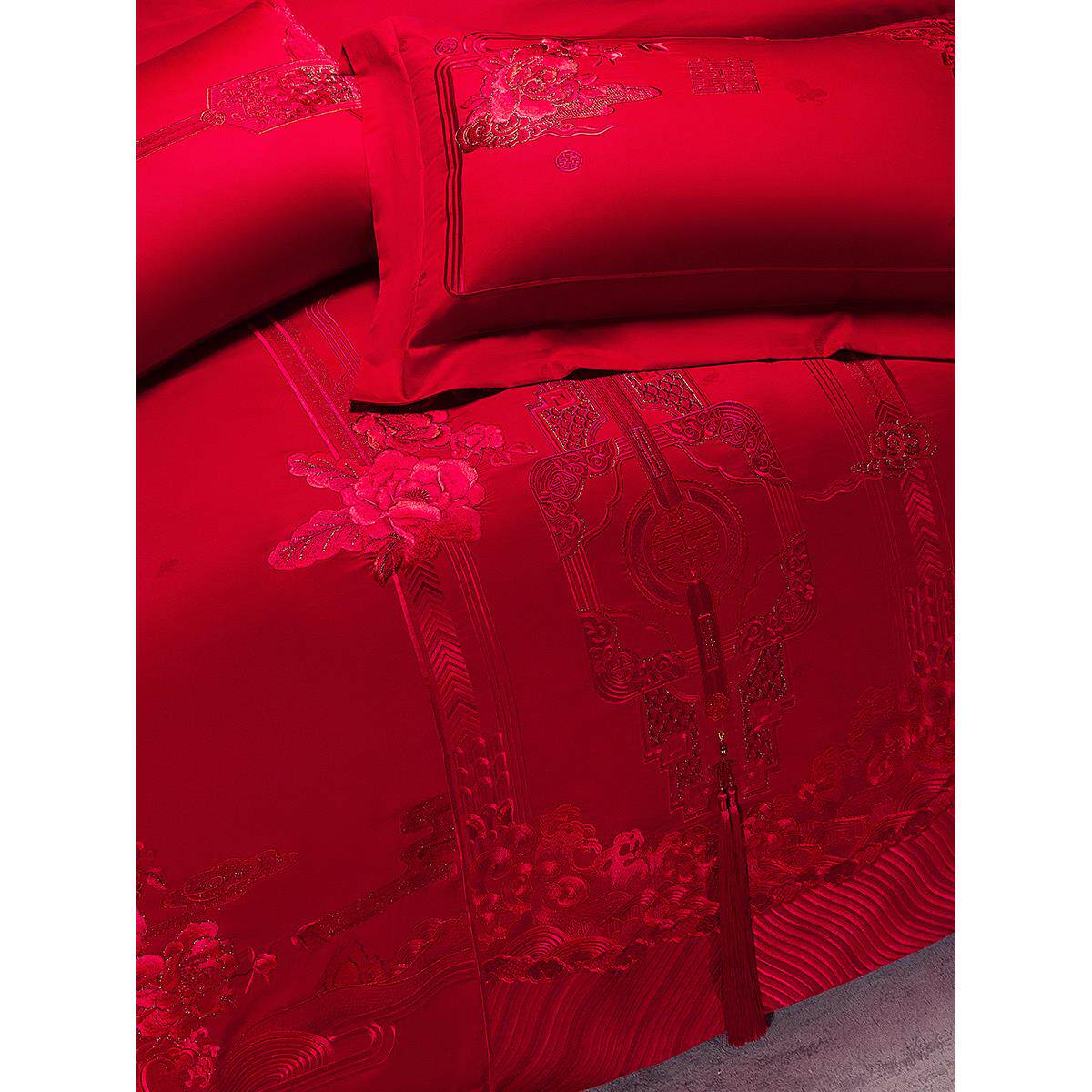 高端140支绣花棉婚礼四件套，红色被套，长绒棉婚礼嫁妆床上用品