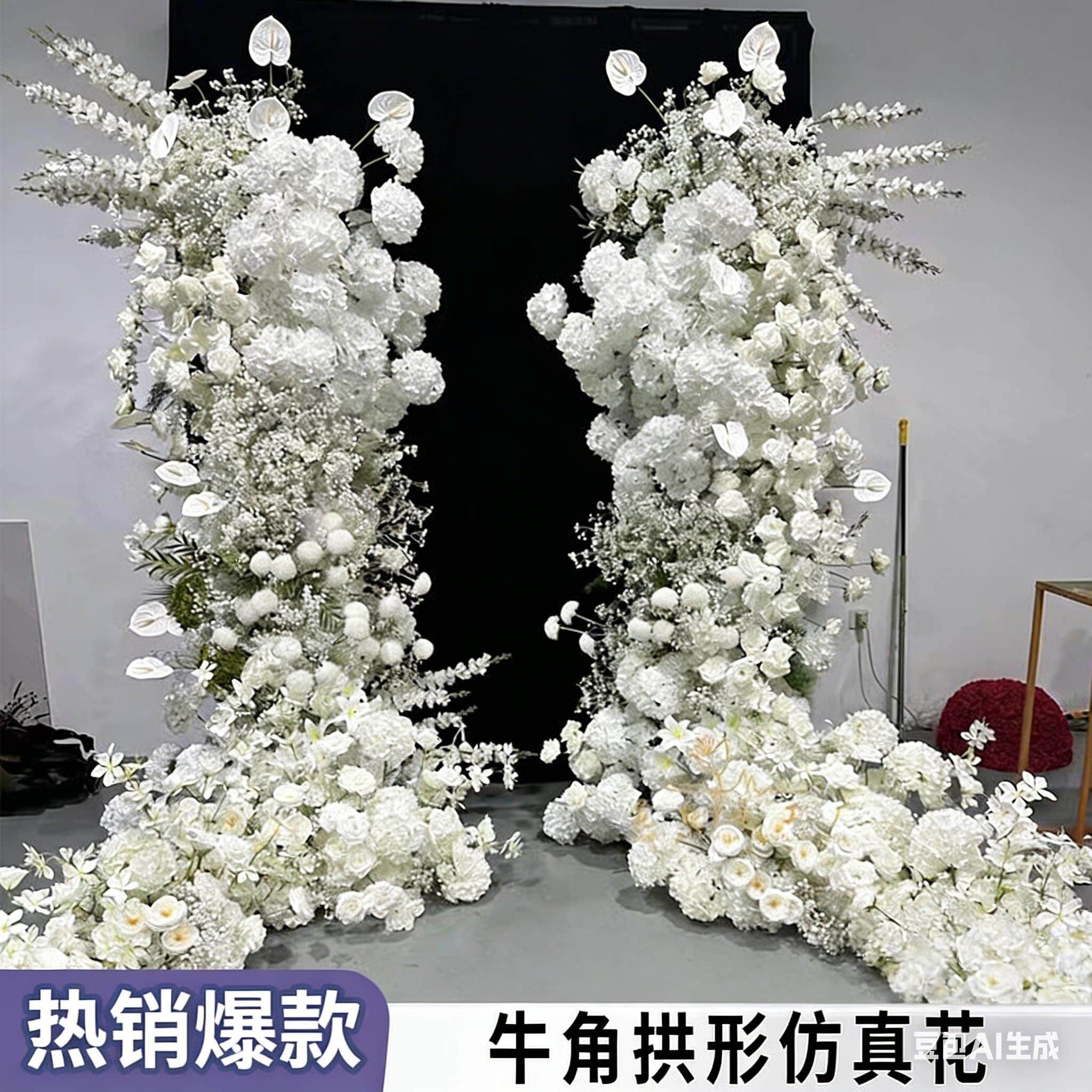 婚庆道具牛角拱拱门彷真花假花花森白绿系装饰花婚礼GJB背景绢门