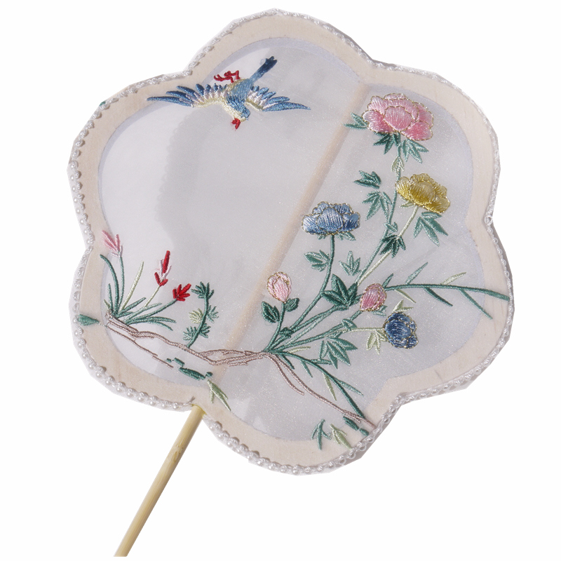 孔府花鸟长柄异形圆形款绣花宫扇小团扇仿古风团扇子舞蹈摄影