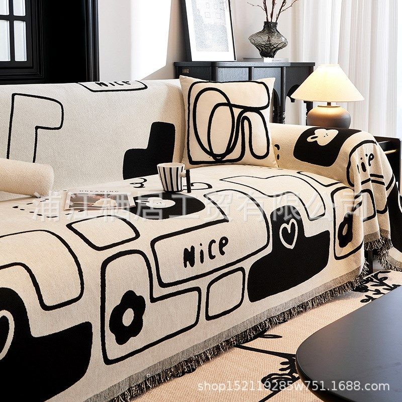 卡通沙发巾雪尼尔黑白现代全包罩防猫抓四季通用坐垫毯盖布,居家布艺,沙发垫,淘宝优惠券,粉丝福利购,淘宝优惠卷