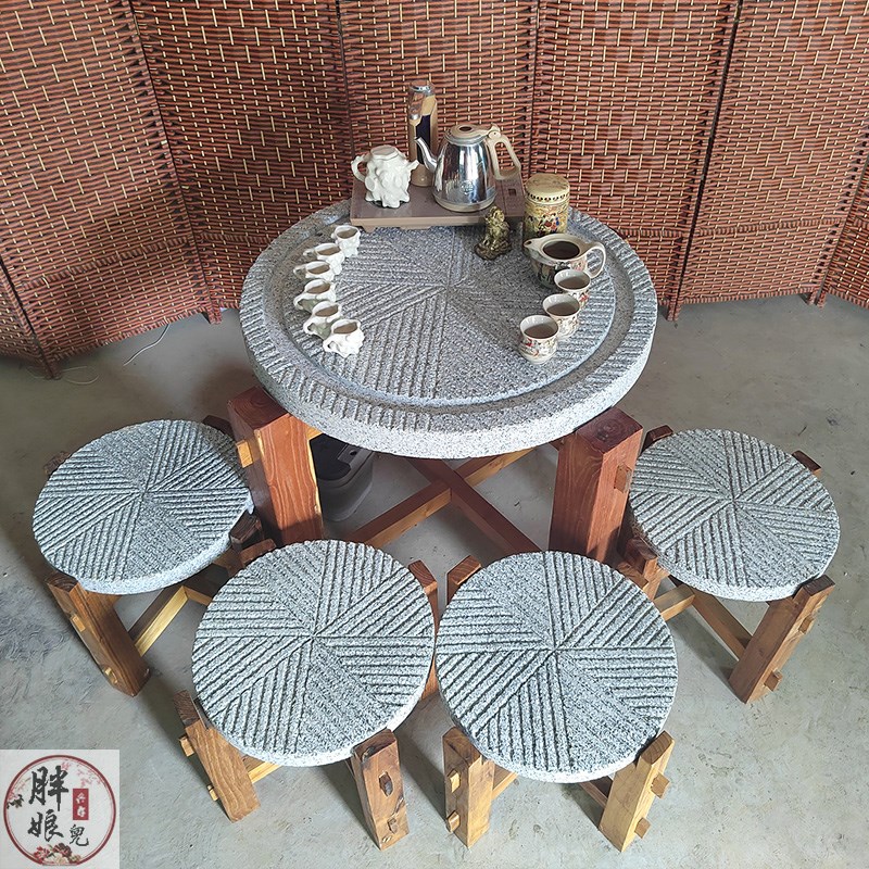 石雕茶盘茶台花岗岩圆形石桌室内阳台石磨桌子复古石头茶桌椅组合