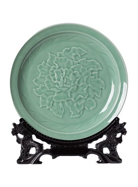 龙泉青瓷牡丹盘家居饰品创意陶瓷家用办公室中式客厅装饰摆设