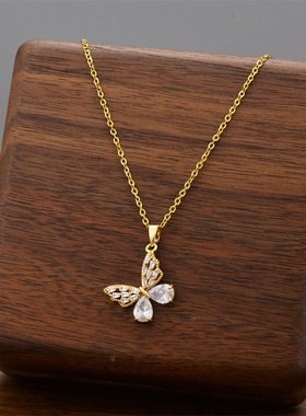 复古中国风跨境热卖热卖高级感蝴蝶锆石项链 钛钢镀18K锁骨链