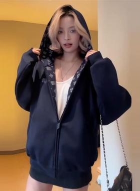 美式覆古连帽卫衣女2025新款秋冬加绒宽松慵懒藏青色运动开衫外套