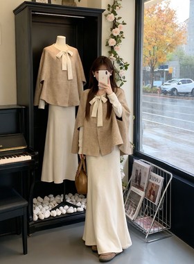 秋冬装搭配一整套大码胖mm千金小香风斗篷外套连衣裙巨好看套装女
