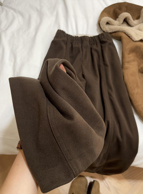美拉德棕色毛呢阔腿裤子冬加厚女款大码秋休闲卫裤今年流行梧桐裤