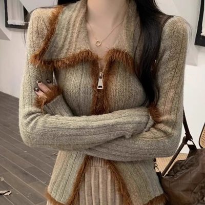 渐变复古拼色开衫毛衣外