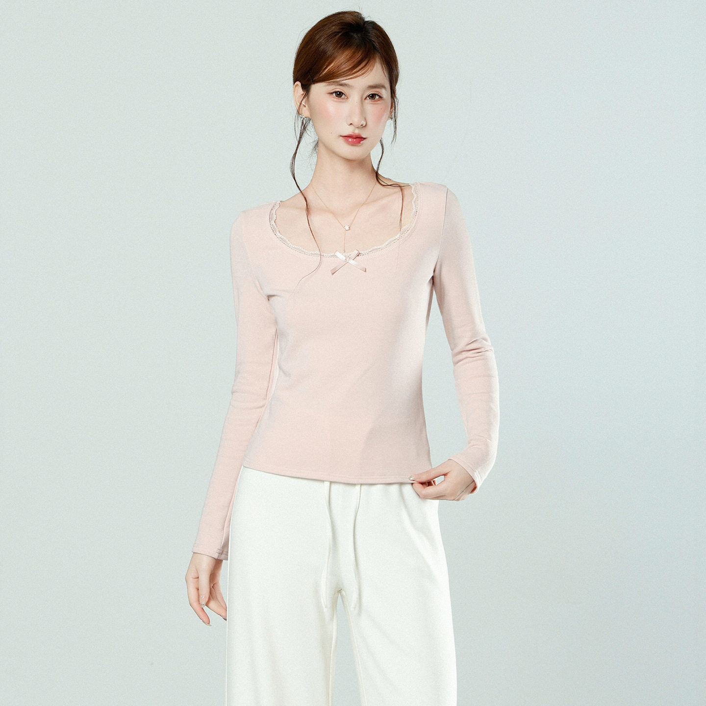 粉色新款蕾丝u领磨毛加厚内搭打底衫冬季长袖修身显瘦好看上衣女,女装/女士精品,T恤,淘宝优惠券,粉丝福利购,淘宝优惠卷