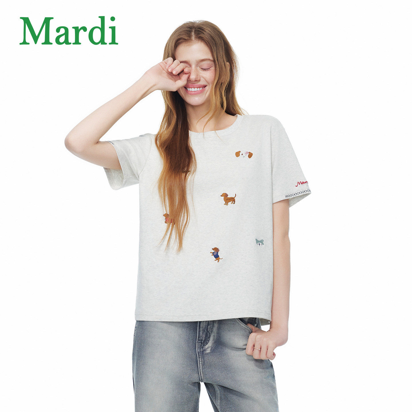 MARDI白色短袖T恤女圆领小狗刺绣宽松柔软棉上衣基础款雾灰少女