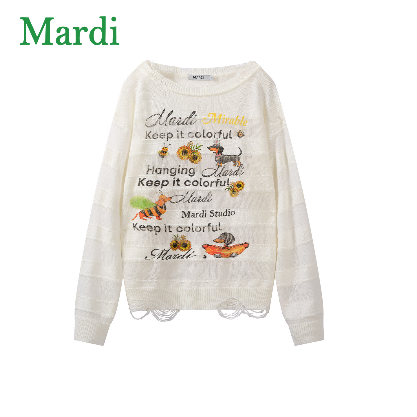 MARDI卡通时尚针织衫女白色破洞设计长袖上衣童趣风动漫通勤风女