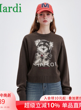 MARDI卡通小狗图案女士圆领针织衫秋冬新款休闲百搭长袖套头毛衣