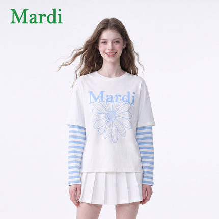 MARDI26秋季雏菊印花长袖T恤女条纹拼接袖设计感松弛韩风上衣