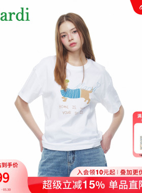 MARDI白色卡通印花T恤女短袖宽松手绘图案上衣常规款个性创意休闲