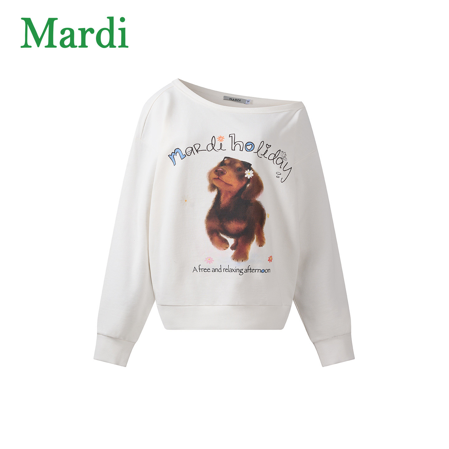 MARDI美式卡通小狗时尚斜肩卫衣女白色宽松百搭休闲上衣通勤风