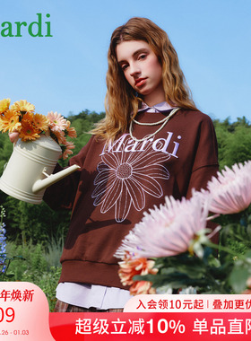 明星同款MARDI小雏菊刺绣黑粉圆领卫衣新款休闲百搭宽松上衣女装