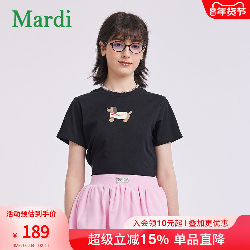 MARDI短袖T恤侧脸小狗字母印花显瘦正肩女纯棉腊肠狗2025夏季新款