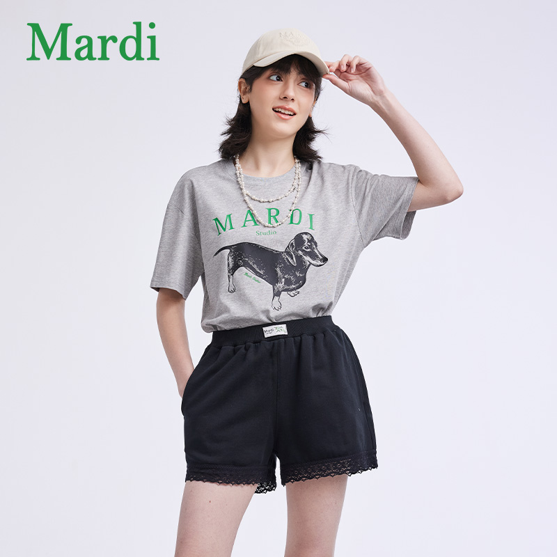 MARDI官方正品经典腊肠狗字母印花短袖修身显瘦圆领纯棉t恤上衣女