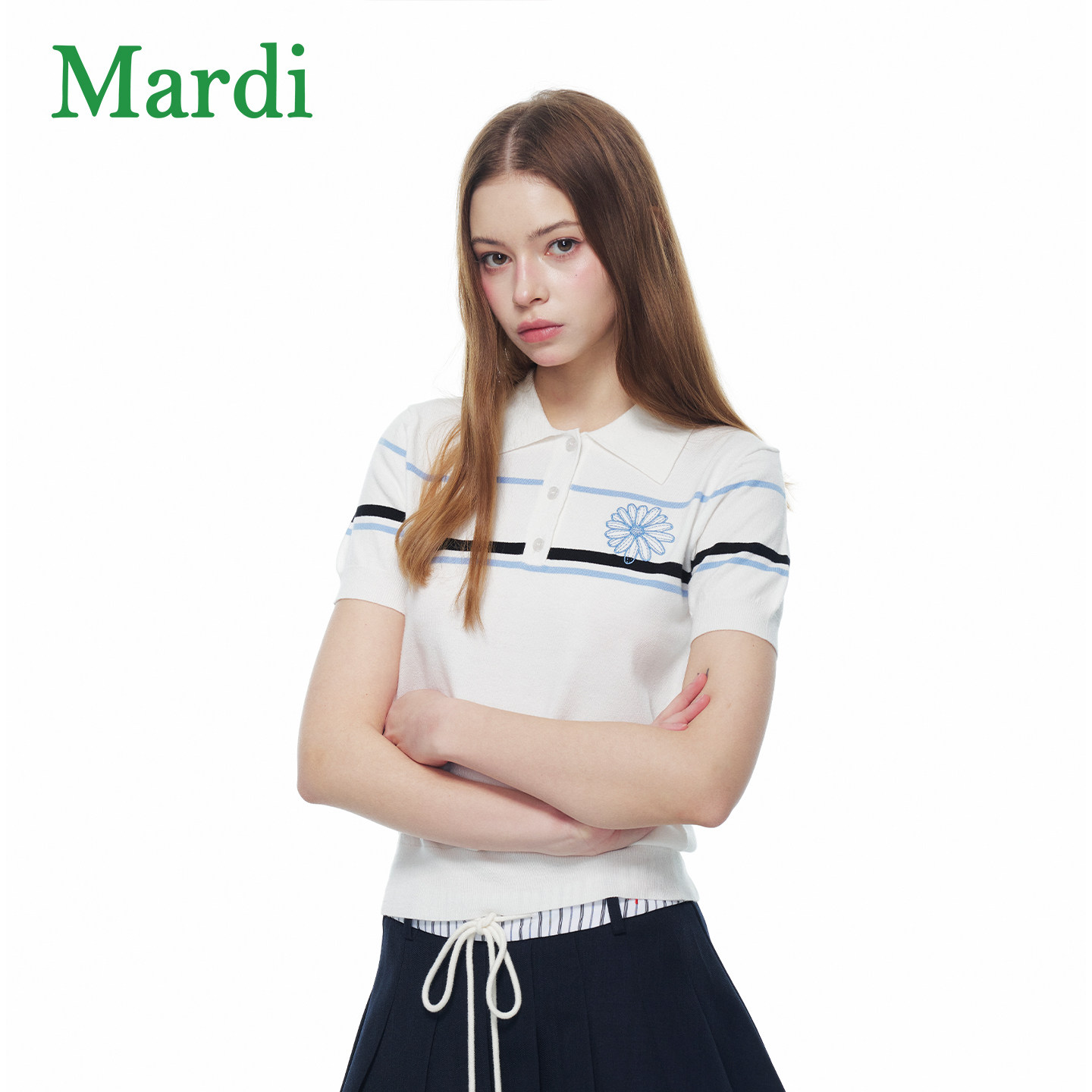 MARDI设计感条纹撞色polo领短袖针织衫女百搭减龄上衣修身型休闲