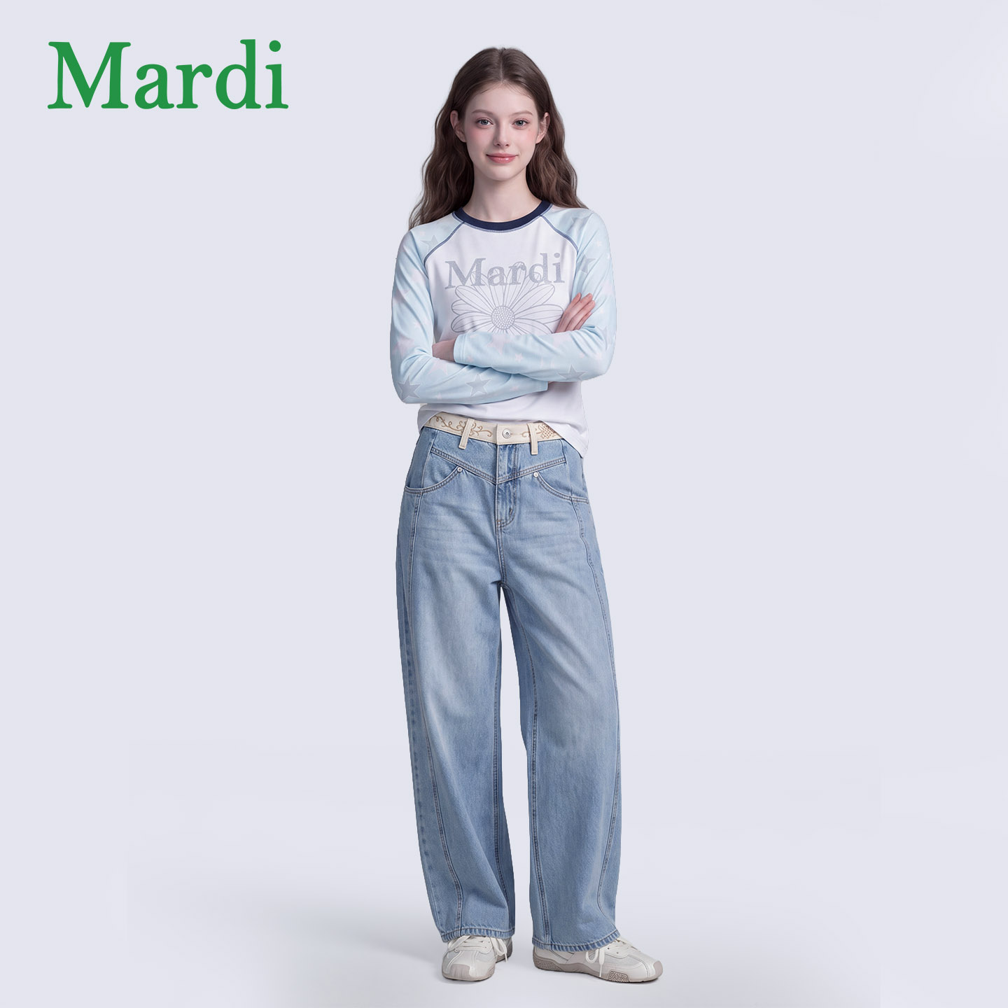 MARDI高腰弯刀阔腿牛仔裤显瘦