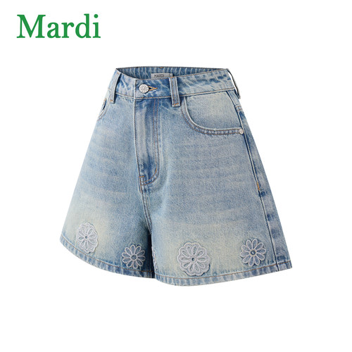 MARDI高腰显瘦刺绣牛仔短裤女