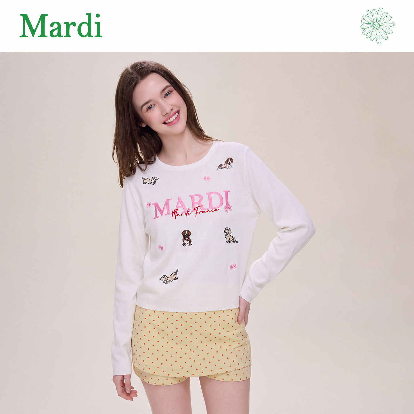 MARDI早春设计感字母时尚长袖针织衫女白色圆领上衣圆领撞色宽松