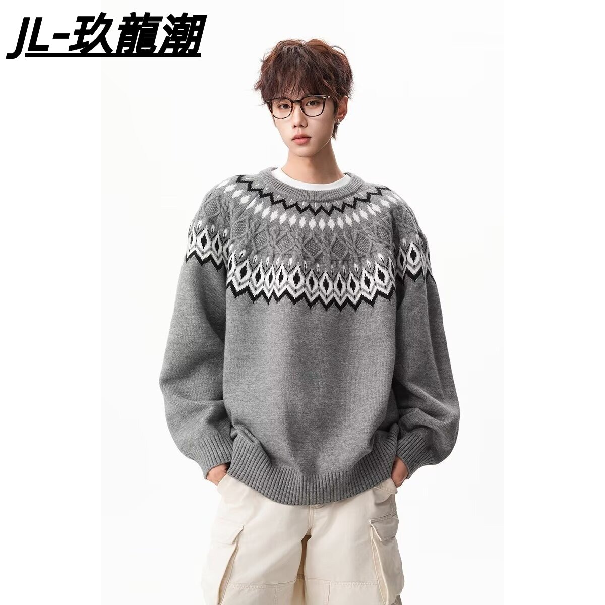秋冬季复古重磅费尔岛提花圆领针织衫男女宽松情侣休闲打底毛衣男