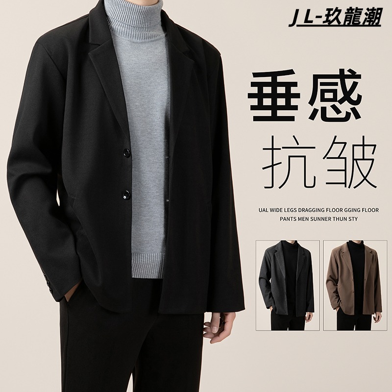 毛呢外套男秋冬保暖西装斜插口袋男士痞帅修身百搭休闲加厚小西服