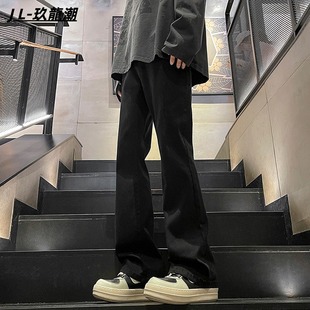 黑色牛仔裤男春秋直筒微宽窄版美式高街修身显瘦弹力百搭长裤子男