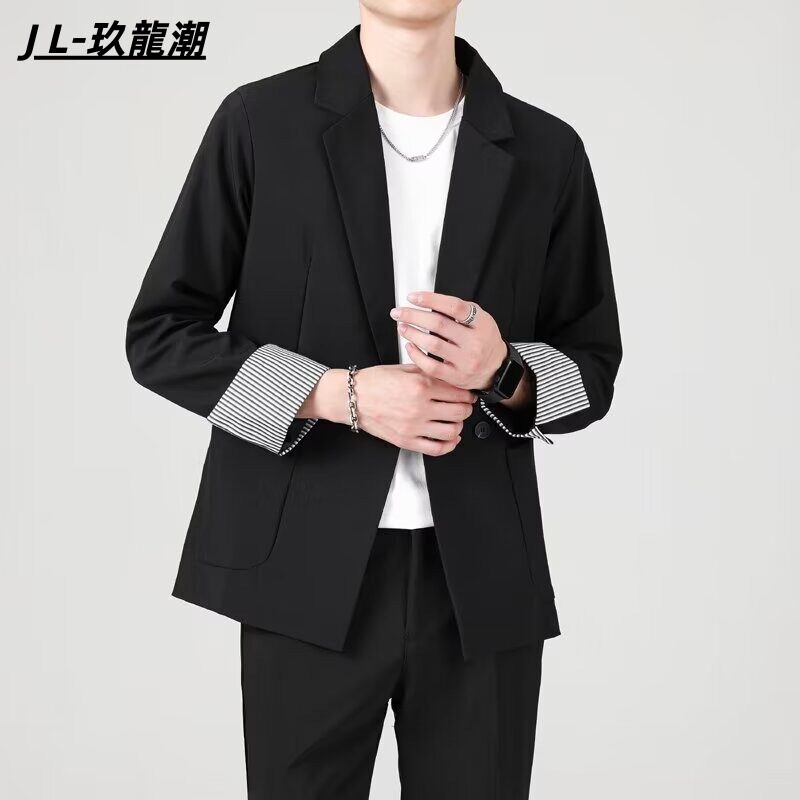 黑色dk西服轻奢痞帅休闲春秋西装男潮流宽松轻熟风西装男士外套男