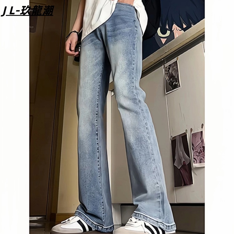 bcare浅蓝色直筒牛仔裤男美式高街vibe长裤男窄版修身显瘦弹力裤z